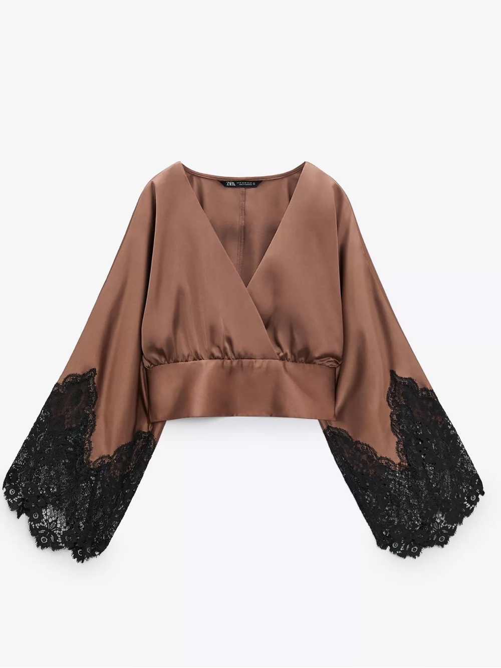 Zara Satin Kimono Style Top Featuring a V-Neckline and Lace Trim on the Sleeves
